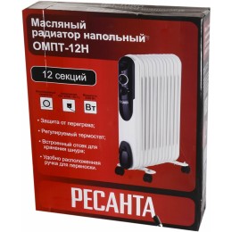 Масляный обогреватель РЕСАНТА ОМПТ-12Н [67/3/5] 2,5кВт, 570x140x650, 12 секций, 12,2 кг }